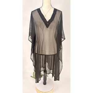 Black Sequin Trim Kaftan One Size Fits Most Sheer Cover Up Beach‎ Resort